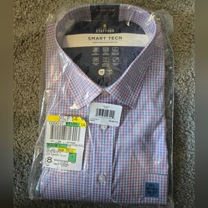 NWT! Stafford Men's Pink and Blue Plaid Dress Shirt 2XL Big,18-18.5" Neck, 36-37